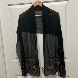 Frangi large oblong sheer scarf or wrap, beaded, black